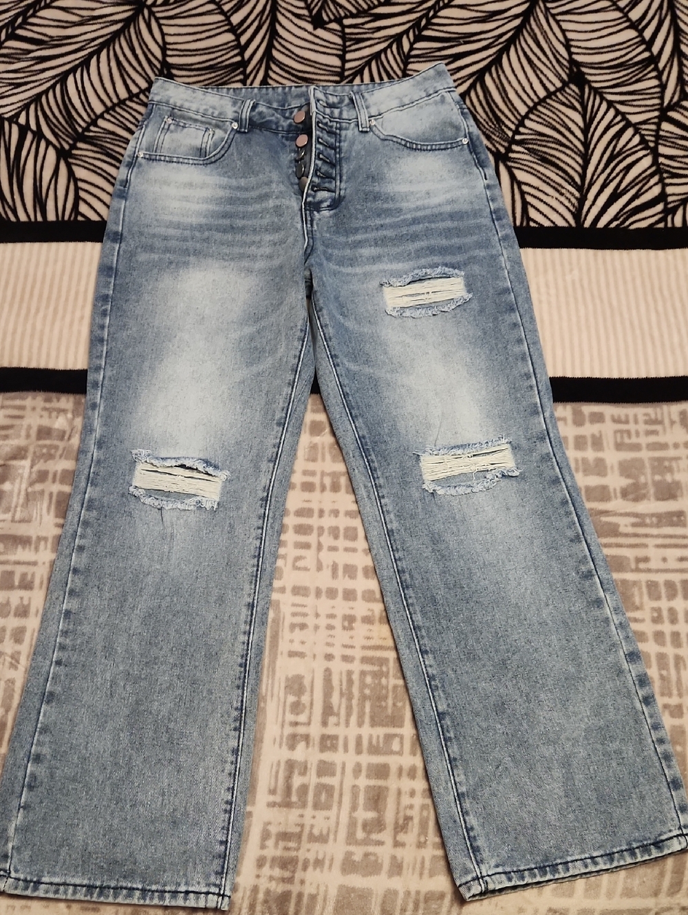 Light Blue Womens Distressed Wide-Leg Jeans
